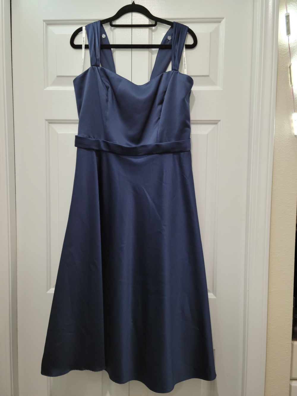 David's Bridal Navy Satin Midi A-Line Dress with Wide Straps